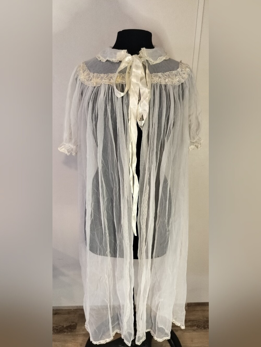 Sheer Ivory Women's Vintage-Style Robe with Ribbon Tie